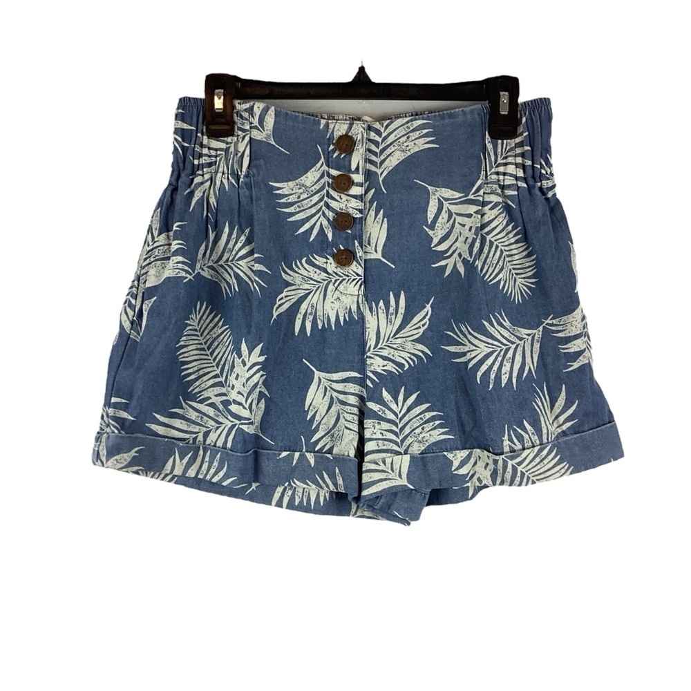American Eagle High-Waisted Tropical Print Shorts Blue White Palm Leaf M